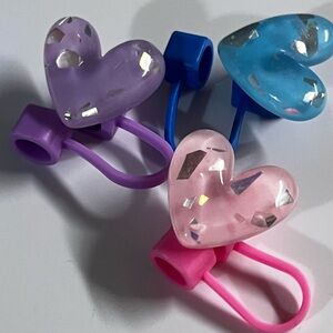 Heart shaped Straw Topper, Pack Of 3, Pink, Purple, and Blue